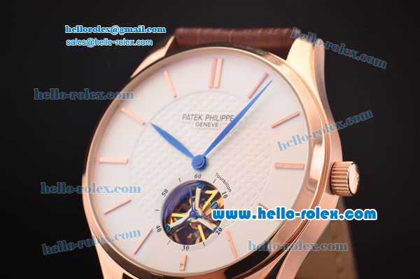 Patek Philippe Calatrava Tourbillon Automatic Rose Gold Case with White Dial and Brown Leather Strap - Click Image to Close